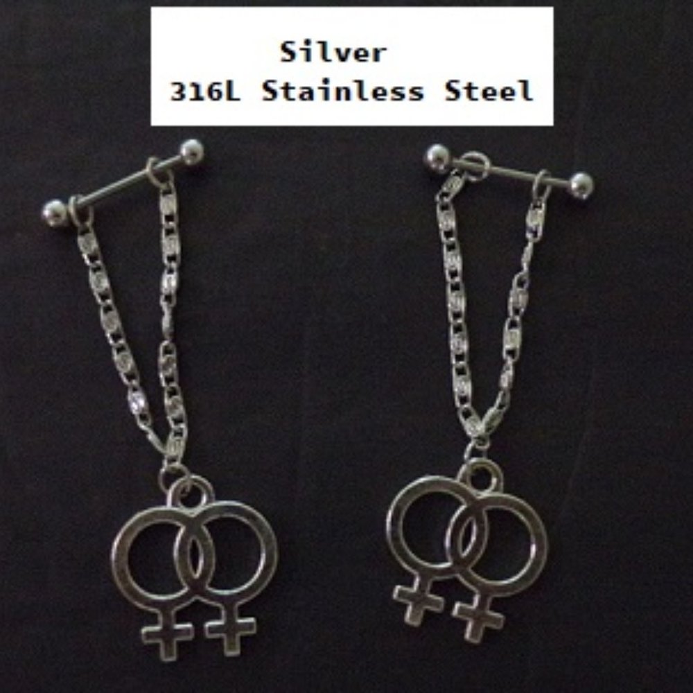 Silver ~ Lesbian Dangle Chain Nipple Bar / Shield